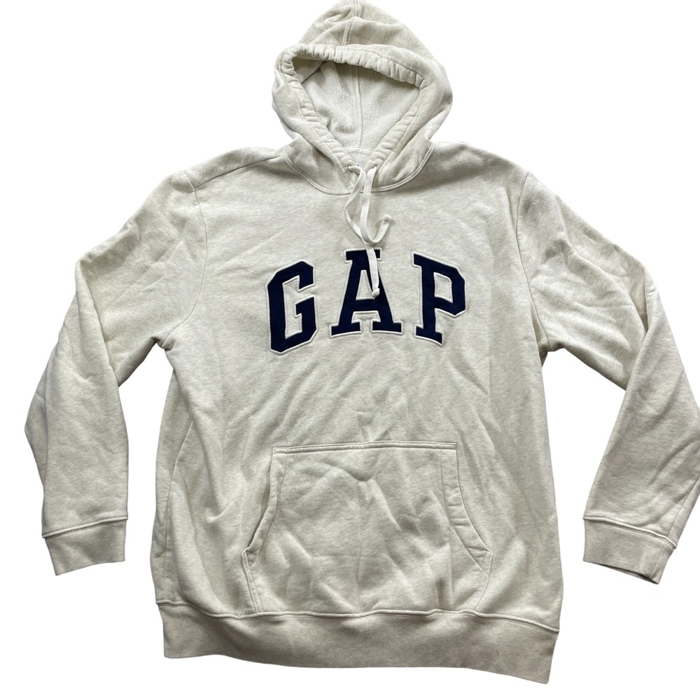 Gap XL Off White Hoodie Navy Trim‎ Cotton Blend Kangaroo Pockets Long Sleeve